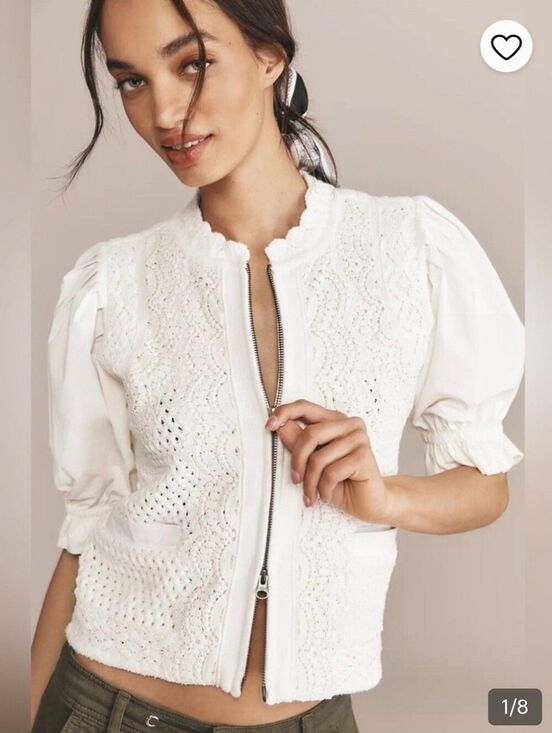 Anthropologie Tops - Anthropologie Crochet Zip-Front Puff Sleeve Top Medium